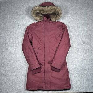 TNA Aritzia Avoriaz Parka Jacket Womens xs Red Goose Down‎ Faux Fur Lined Hood